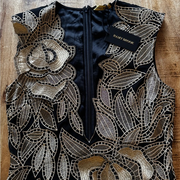 RAMY Brook Maybell dress 8 Black and Gold mini embellished foil Floral Dress NWT - Picture 6 of 9
